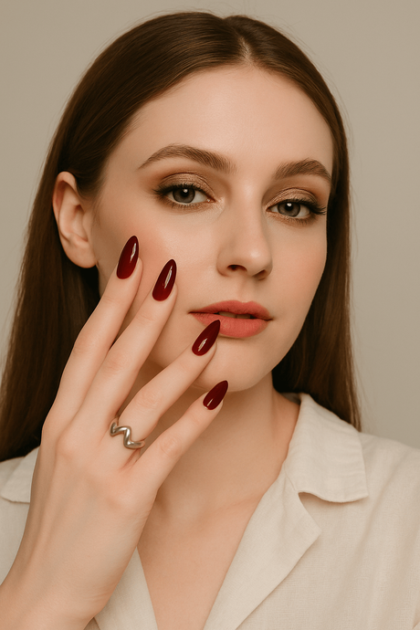 Deep Burgundy "Midnight Wine" Press-On Nails - shown on hand model - Hey Babes India