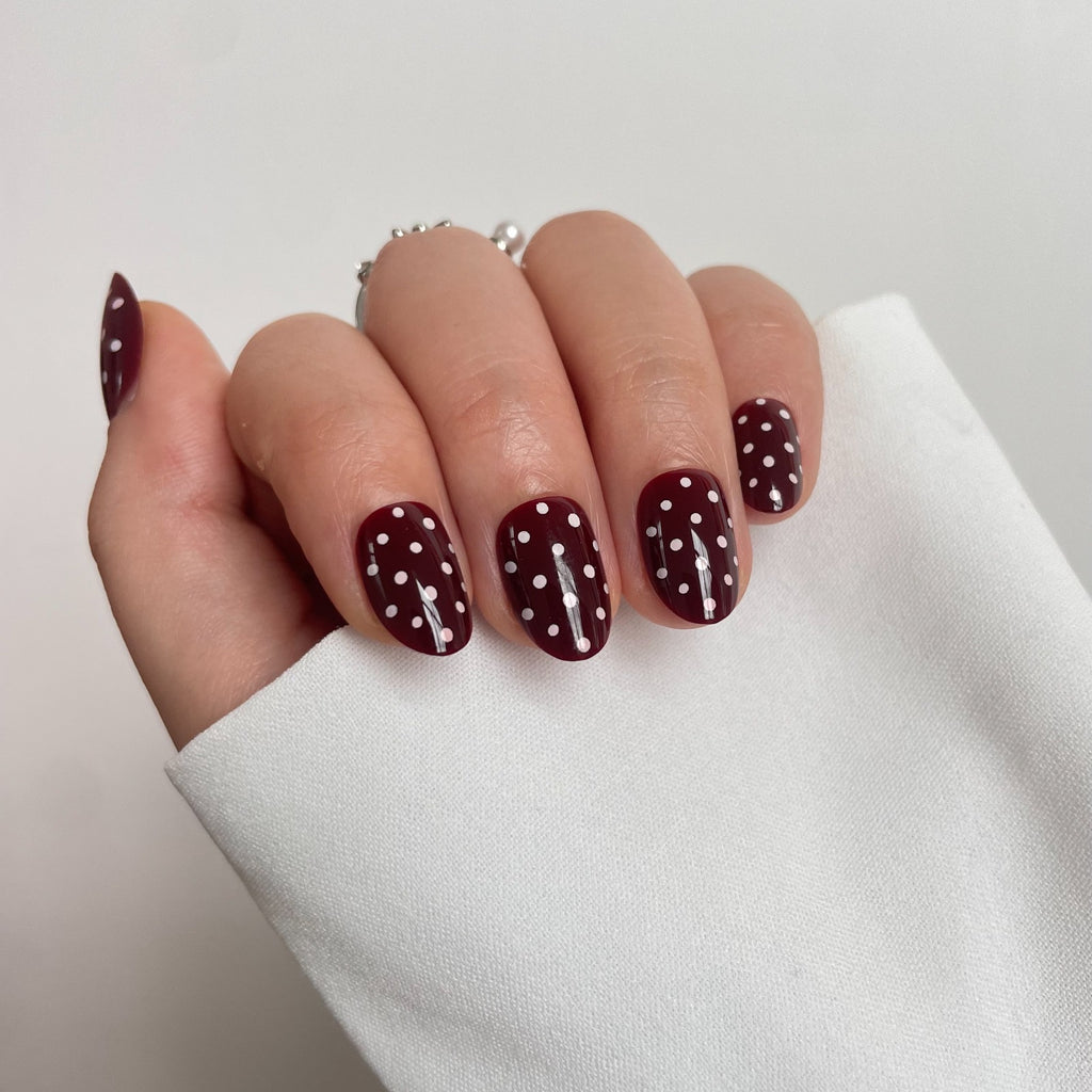Burgundy Polka Dot Press-On Nails | Short Oval | 32 sizes