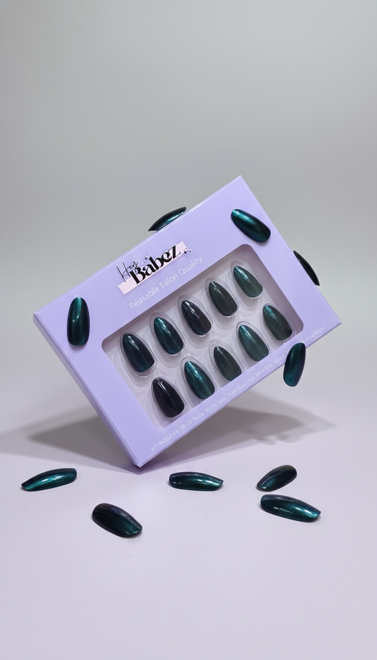 Green Metallic Almond Press On Nails – High-Shine Chrome