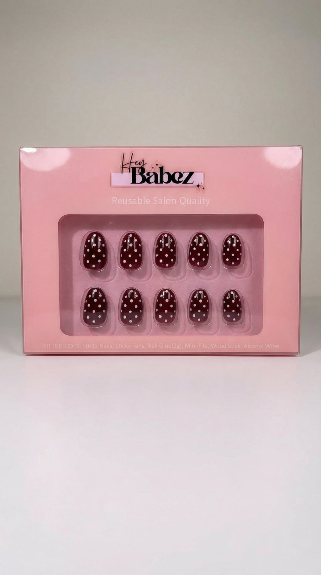 Burgundy Polka Dot Press-On Nails | Short Oval | 32 sizes
