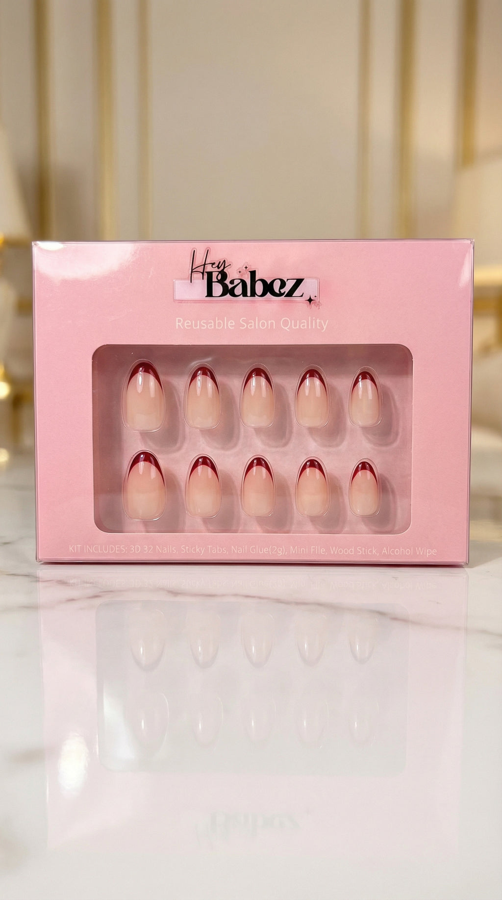 Red French Tip Press-On Nails – Almond Shape | 32 Nails Set