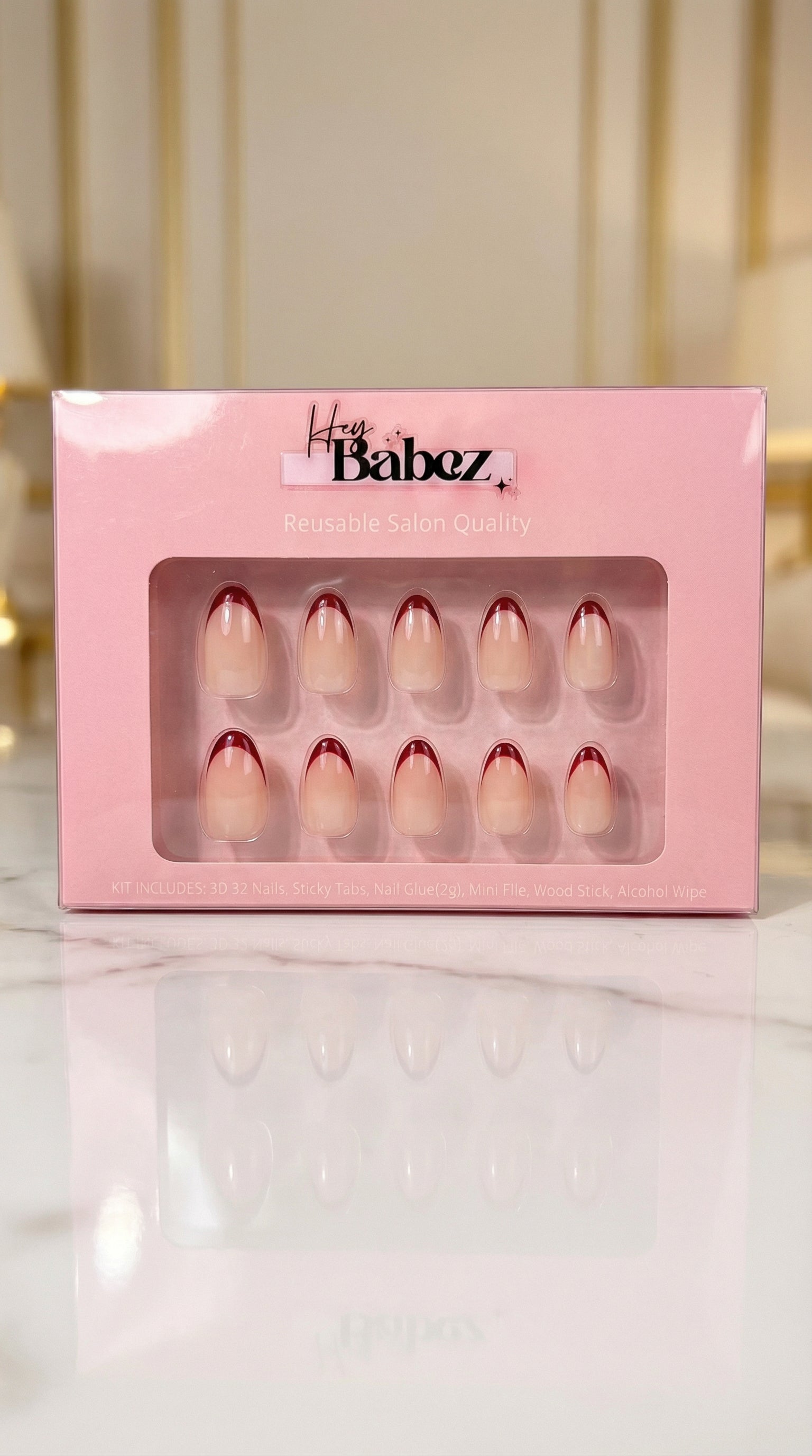 Red French Tip Press-On Nails – Almond Shape | 32 Nails Set