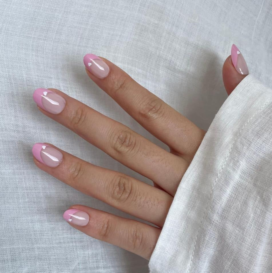 Pink French Tip Press-On Nails | Short Oval Luxury Nails | 32 Nail Sizes