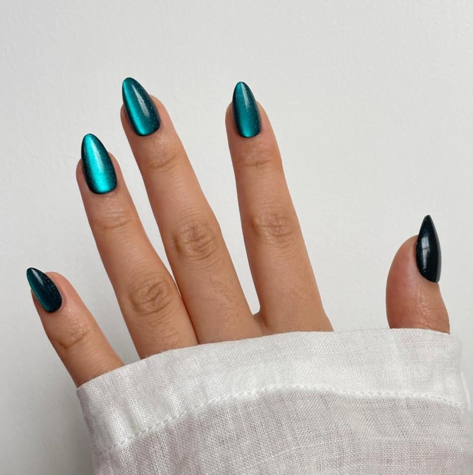 Green Metallic Almond Press On Nails – High-Shine Chrome